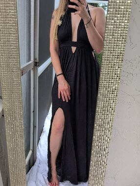Black Halter Maxi Dress with Side Slit - Women